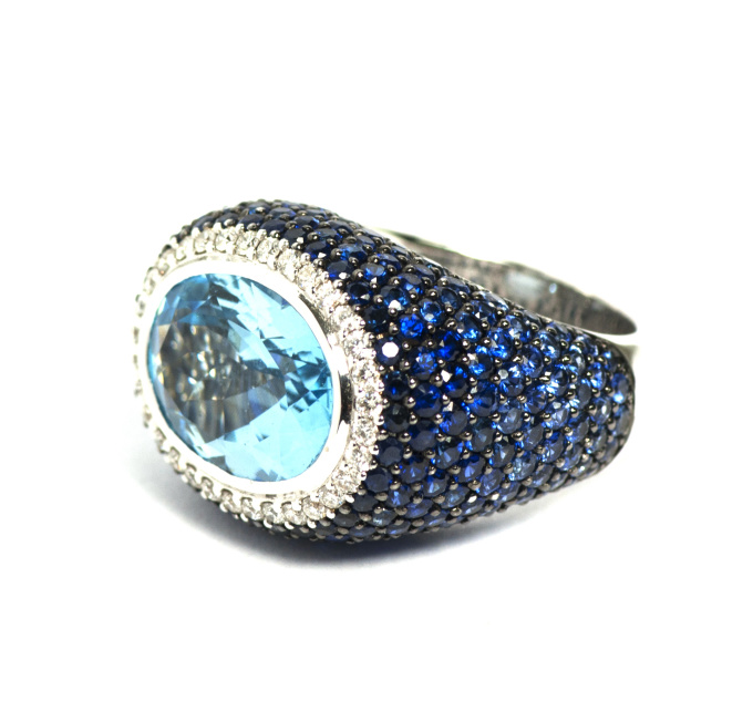 Blue topaz with blue sapphire and brilliant cut diamonds ring by Artur Scholl
