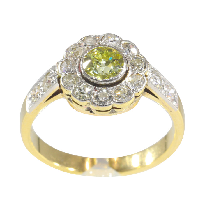 Vintage 1920's Belle Epoque / Art Deco diamond engagement ring with fancy colour center brilliant by Artiste Inconnu