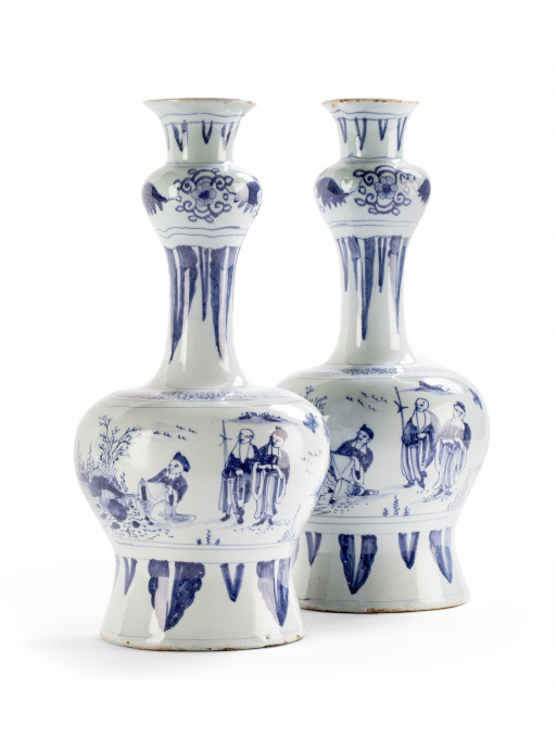 Pair of 18th Century Blue and White Dutch Delft Vases with chinoiserie scenes by Unknown artist