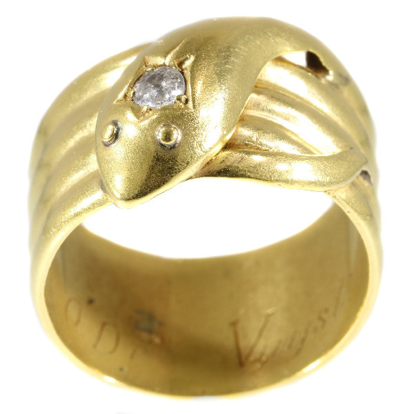 Antique gold English coiled snake ring with old brilliant cut diamond (ca. 1893) by Unknown artist