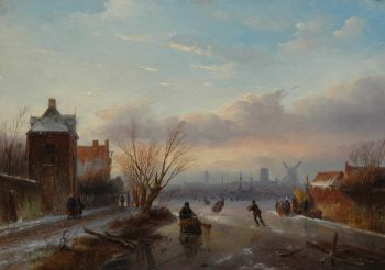 Skaters on a frozen river with a town in the distance by Jan Jacob Spohler