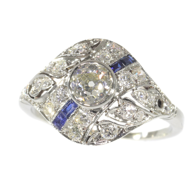 Original Vintage Art Deco ring white gold diamonds and sapphires by Onbekende Kunstenaar