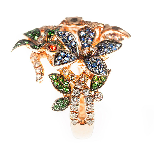Flower ring with sapphires and diamonds by Artista Sconosciuto