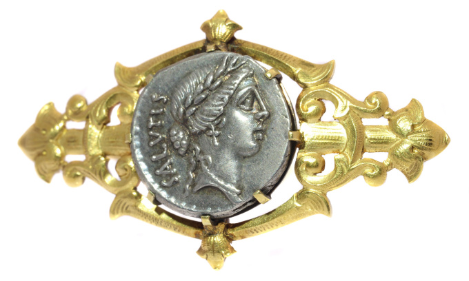 Antique silver Roman coin mounted in antique Victorian brooch by Unknown artist