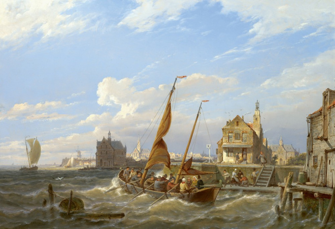 A ferry in an estuary by Pieter Cornelis Dommershuijzen