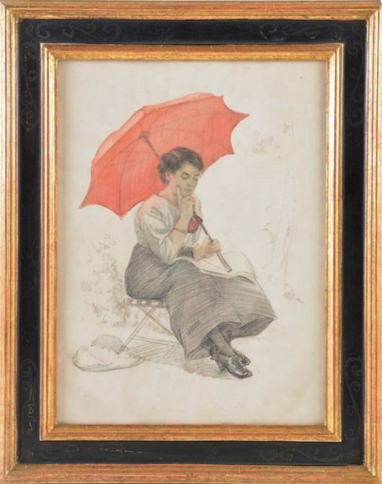 Dame met parasol by Louis Soonius