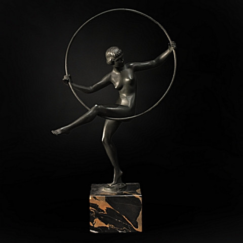 Art Deco Bronze Nude Hoop Dancer by Andre Marcel Bouraine (Briand), 1930, France by Marcel Andre Bouraine
