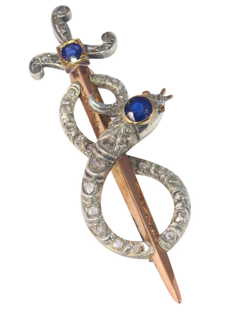 Antique gold diamond and sapphire brooch snake wrapped around sword or dagger by Onbekende Kunstenaar