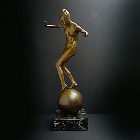 Lady balancing on a ball, art deco sculpture by Johan Wolfgang Elischer
