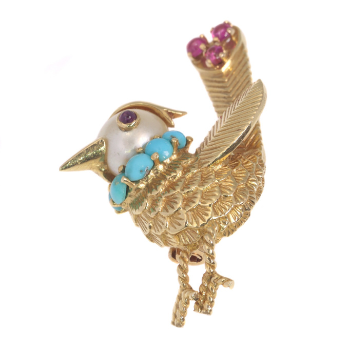 Vintage fanciful Fifties gold bejeweled bird brooch by Artista Sconosciuto