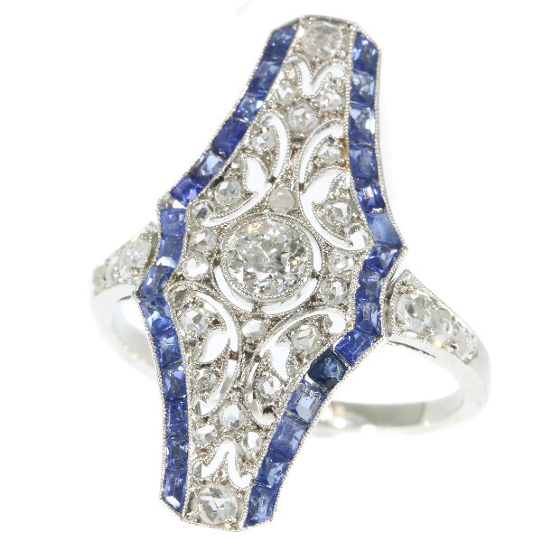 Vintage Art Deco platinum diamond and sapphire engagement ring by Unknown artist
