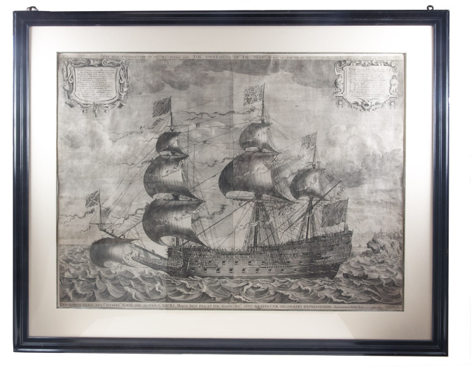 Magnificent engraving of the 17th-century warship the “Sovereign of the Seas”, surpassing all her contemporaries in size and gun power by John Payne