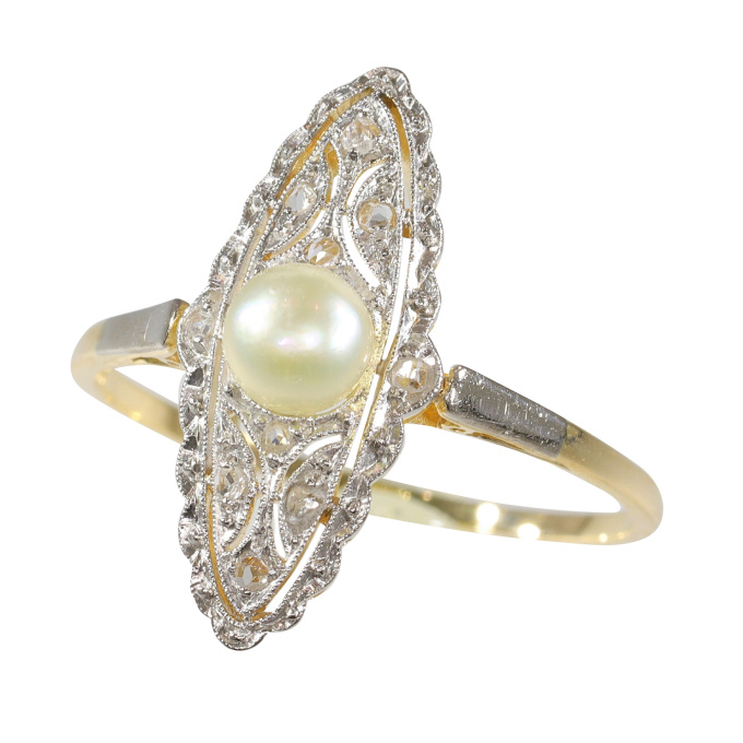 Vintage Edwardian Art Deco diamond and pearl marquise shaped ring by Unbekannter Künstler