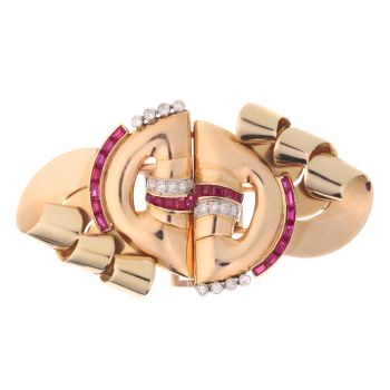 Strong design three tone gold Retro double clip with diamonds and rubies by Unknown Artist