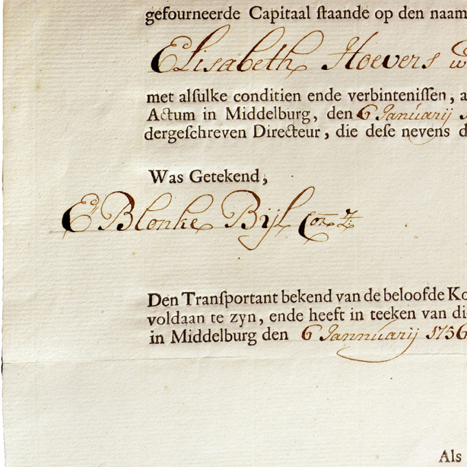  Share of 125 Flemish pounds January 6 1756 Middelburgsche Commercie Compagnie by Artiste Inconnu