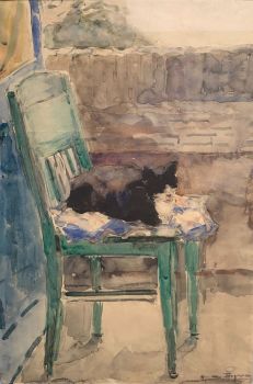 Cat lying on green chair by Herman Bogman jr.
