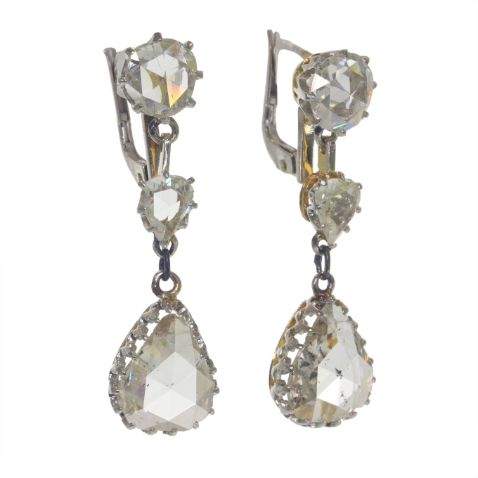 Vintage 1920's Belle Epoque / Art Deco long pendant earrings with very large pear shaped rose cut diamonds by Artista Sconosciuto