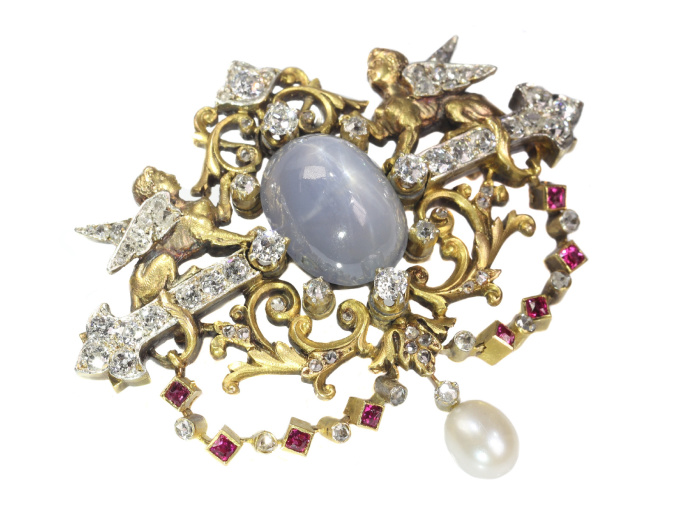 19th Century French brooch two sphinxes diamond set and star sapphire (Freemasonry?) by Artista Desconhecido