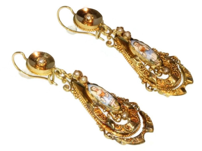 Gold Biedermeier earrings long pendant Victorian earrings with enamel by Artiste Inconnu
