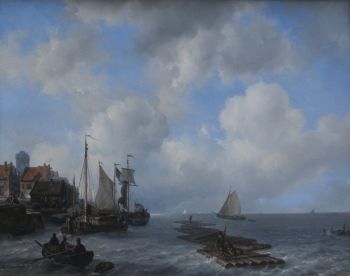 Moored sailingvessels by a quay by Louis Meijer