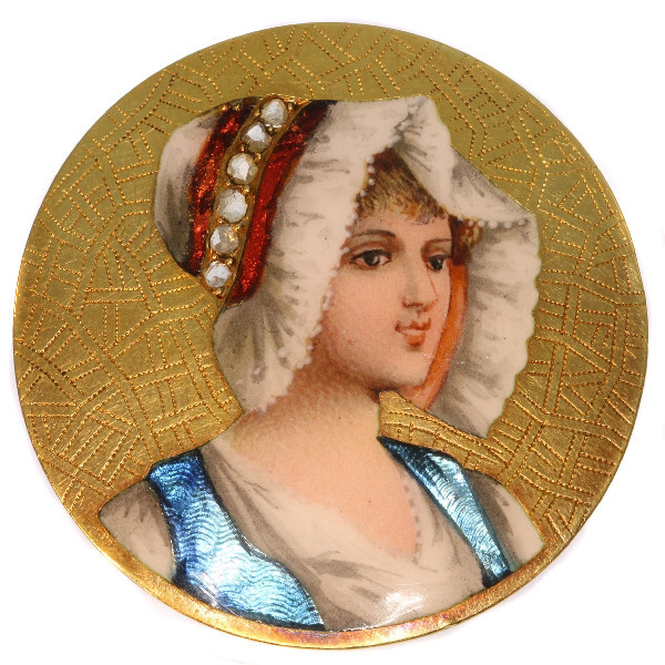 Antique Victorian brooch with enameled portrait of young French peasant girl by Unbekannter Künstler