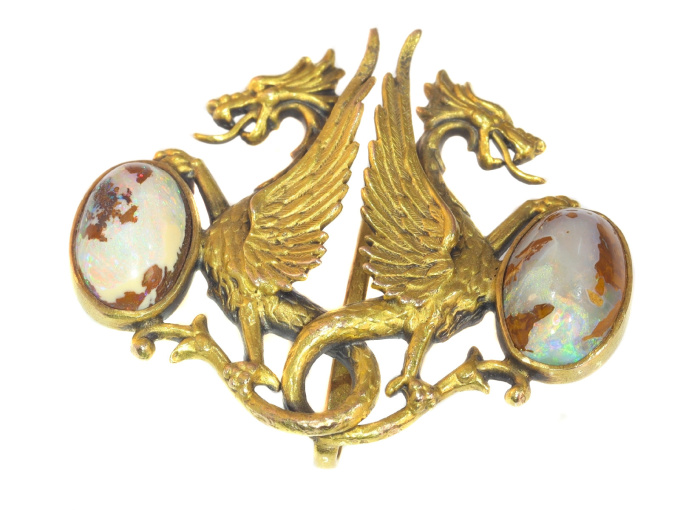 Charming Victorian brooch depicting two griffons protecting their eggs by Artista Sconosciuto