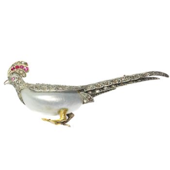Antique French Victorian bird brooch pheasant with rubies and rose cut diamonds by Unknown Artist
