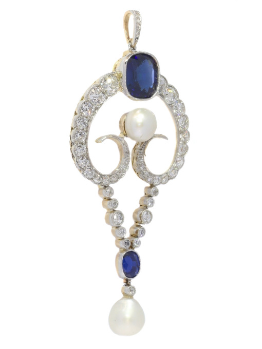 Belle Epoque diamond pendant with large natural pearls and cornflower blue color natural sapphires (certified) by Artiste Inconnu