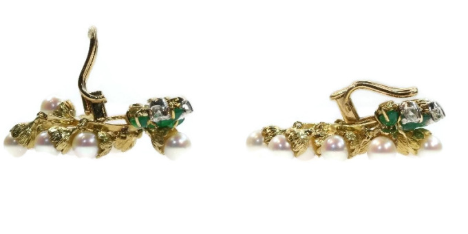 French estate gold and platinum diamond and pearl earrings with green leaves by Artista Sconosciuto