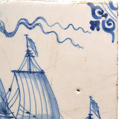 White and blue tile with Dutch merchant ship second half 17th century by Artiste Inconnu