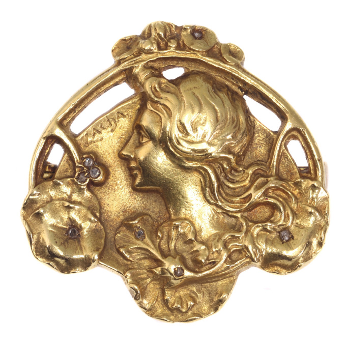 Art Nouveau floral gold pin Lady profile signed Zacha by Artista Sconosciuto