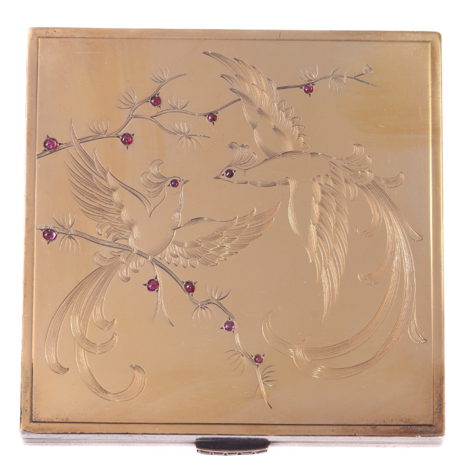 French silver nose powder box with interior mirror and gold and rubies decoration of birds of paradise by Unbekannter Künstler