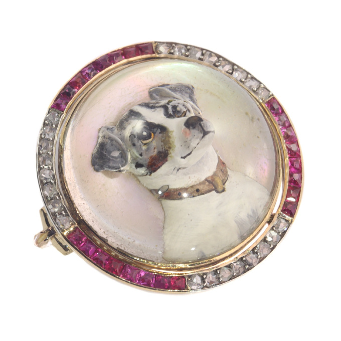 Gold diamond hunting brooch English Crystal with picture of Jack Russel Terrier by Unknown artist