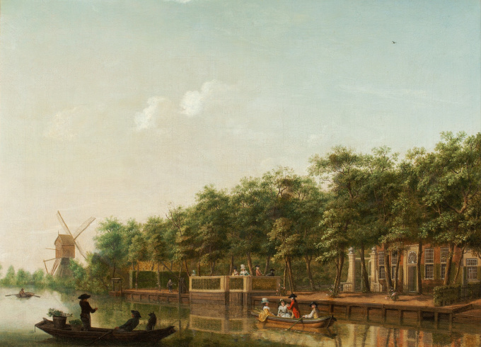The river Vecht with elegant company in a rowing boat by Isaac Ouwater