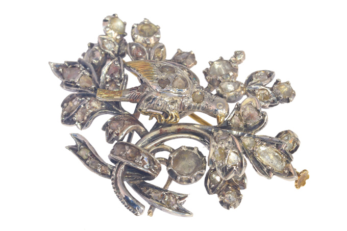 Victorian diamond brooch bird sitting on flower branch by Unbekannter Künstler