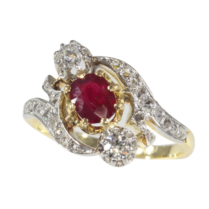 Vintage French Belle Epoque diamond and natural ruby cross-over engagement ring by Artista Sconosciuto