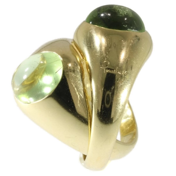 Original intertwined gold Pomellato rings with green garnets - demantoid by Artiste Inconnu