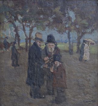 Park with musicians and strolling figures. by Cor Noltee