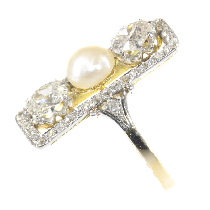 Large impressive Belle Epoque Art Deco diamond and pearl engagement ring by Unbekannter Künstler
