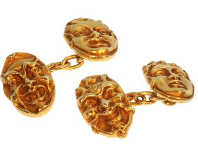 Antique cufflinks French 18K yellow gold mask by Artista Desconhecido