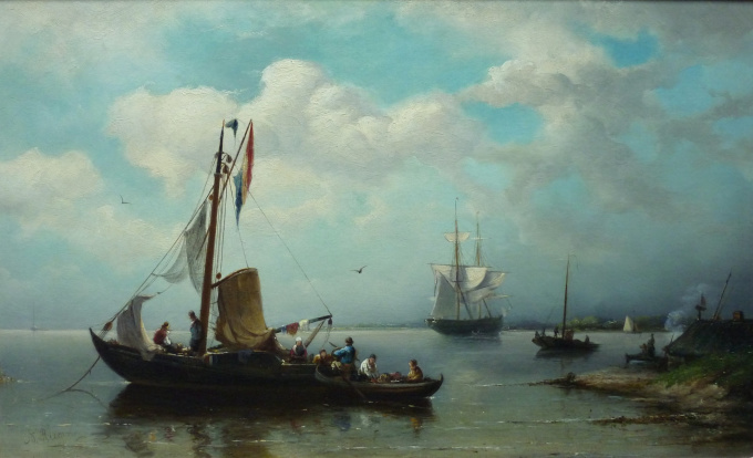 A Fishing Boat in calm Waters by Nicolaas Riegen