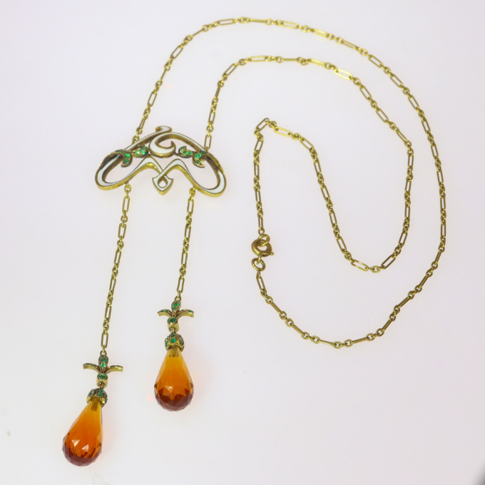 French Art Nouveau enameled necklace with emeralds and citrine briolettes by Unbekannter Künstler