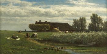 A polder landscape with a farmer's wife bleaching clothes by Willem Roelofs