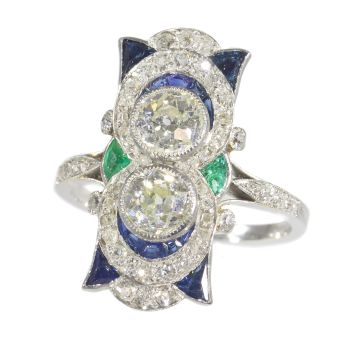 Vintage Art Deco strong design platinum ring with brilliant cut diamonds sapphires and emeralds by Artista Desconocido