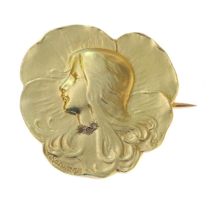 Art Nouveau brooch lady's head signed Rasumny by Unknown Artist