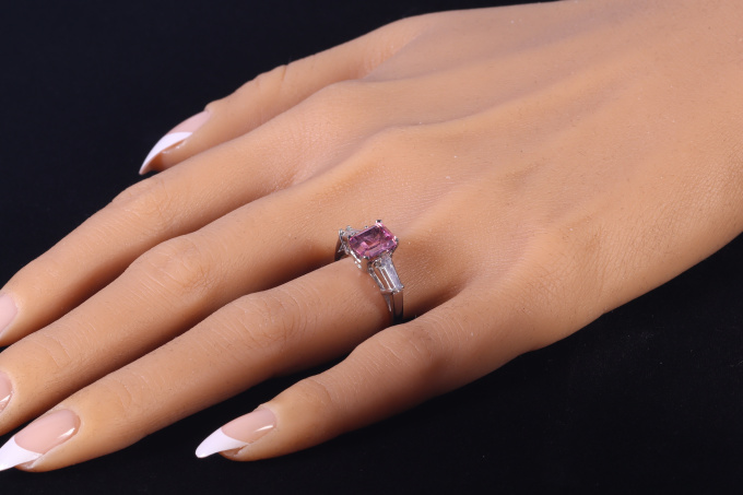 Vintage rubelite and diamond platinum engagement ring by Unknown Artist