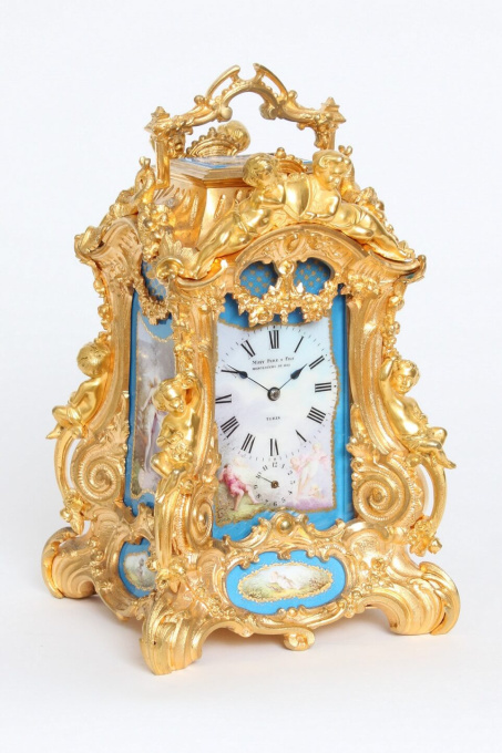 A rare French gilt bronze rococo case travel clock with Sèvres panels by Drocourt, circa 1870 by Drocourt