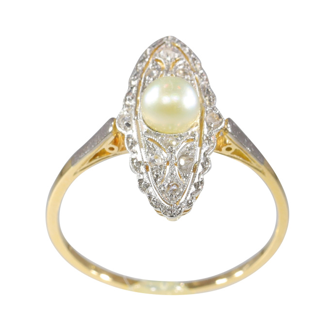 Vintage Edwardian Art Deco diamond and pearl marquise shaped ring by Artiste Inconnu