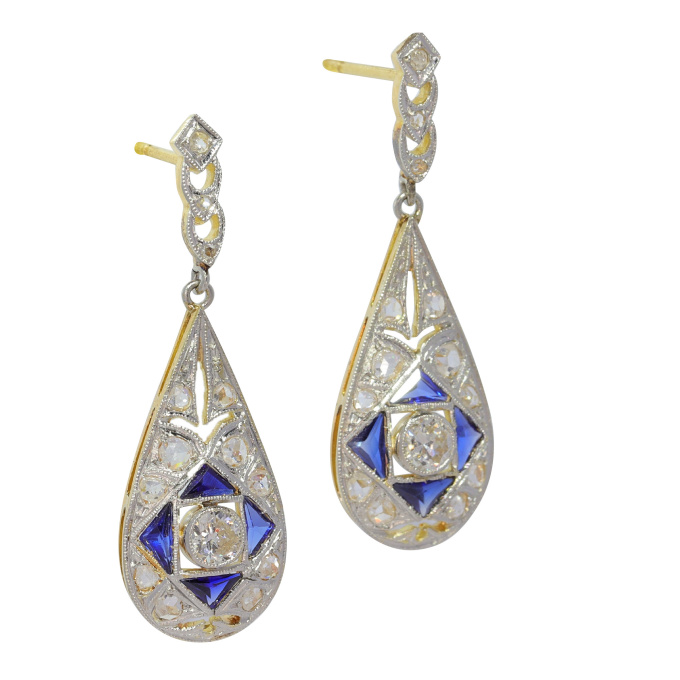 Vintage 1920's Art Deco long pendent diamond and sapphire earrings by Artista Sconosciuto