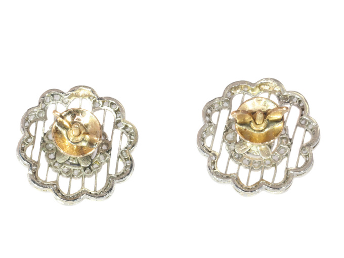 Vintage earrings Dutch Edwardian platinum set with 112 rose cuts and a pearl by Unknown artist